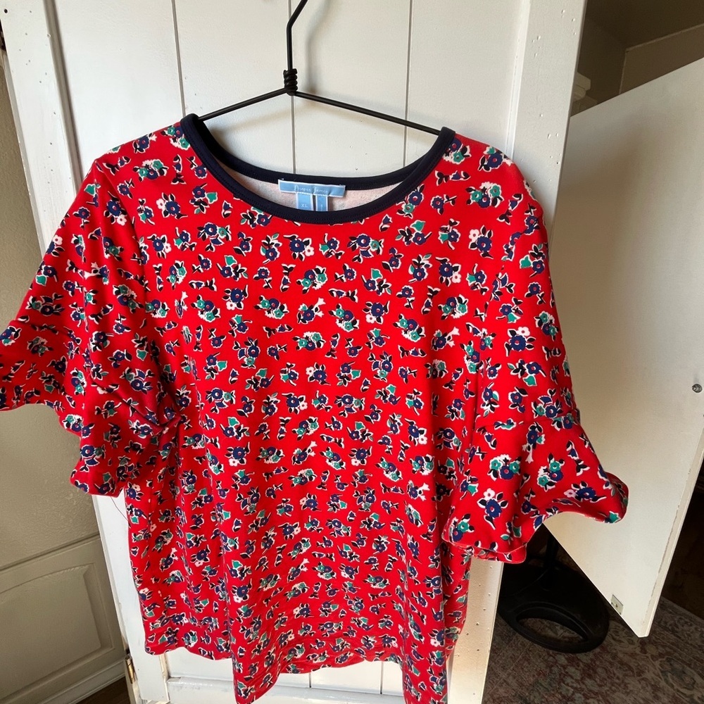 Draper James Coral Floral Ruffle Sleeve Blouse with Navy Trim - Picture 3 of 9